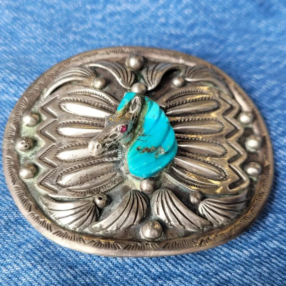 Sterling Silver and Turquoise Horse Head Belt Buckle by artist Johnny Blue Jay - Picture 1 of 4